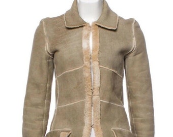 Vintage 90's CHANEL Leather Shearling Lambs Wool Beige Camel Bell Sleeves Coat Trench Jacket