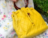 Vintage CHANEL Tortoise Handle CC Turnlock Logo Drawstring Yellow Lambskin Matelasse Quilted Leather Tote Shoulder Bag Purse Evening Clutch