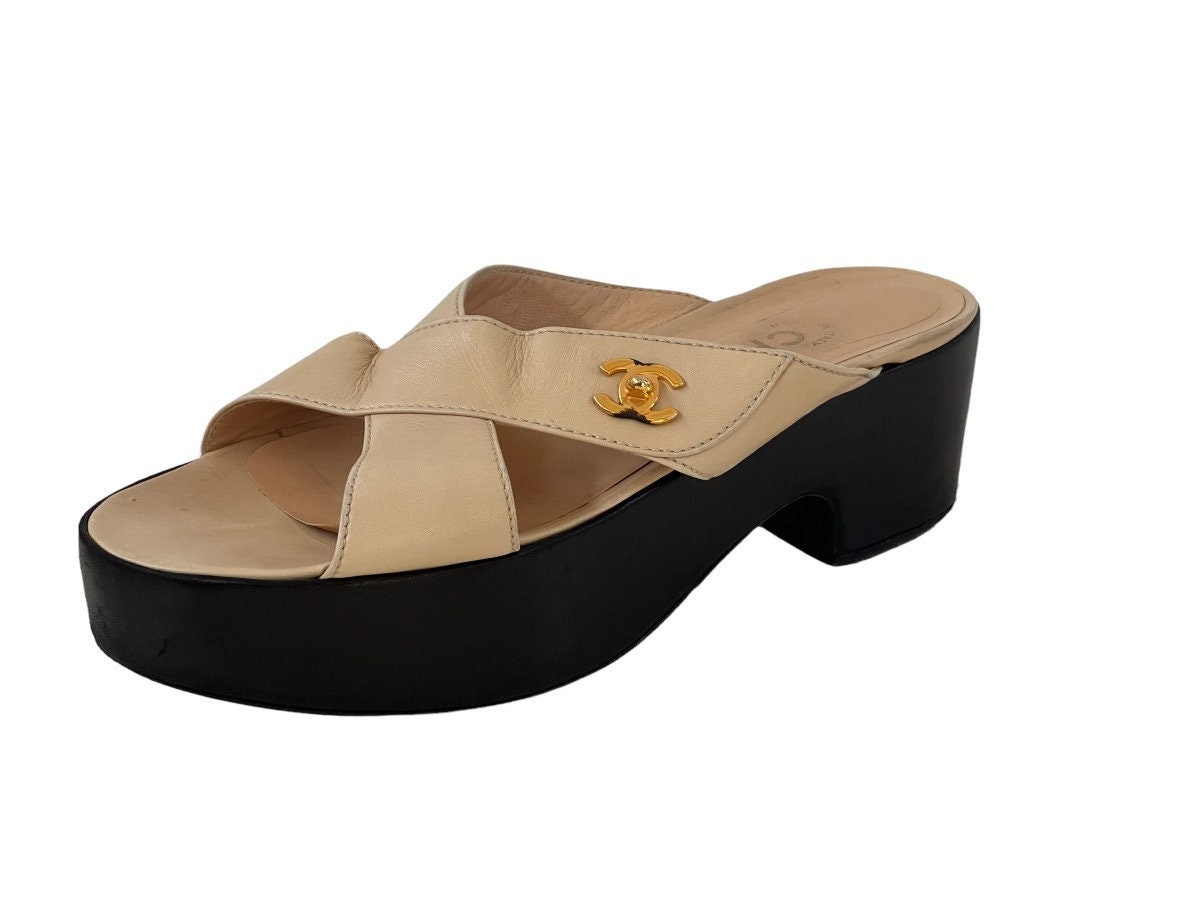 Chanel REV Black Turnlock Quilted Gold CC Logo Mules Slide Sandal Flop Flat  36