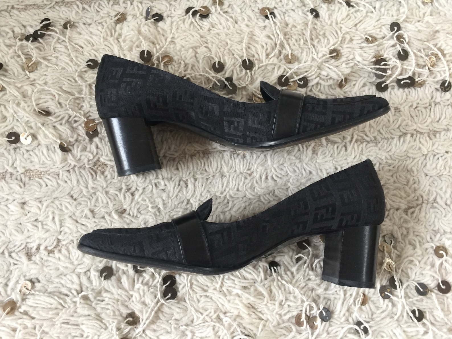 vintage fendi zucca ff monogram black loafers heels driving shoes smoking slippers ballet flats 37 us 6.5 - 7