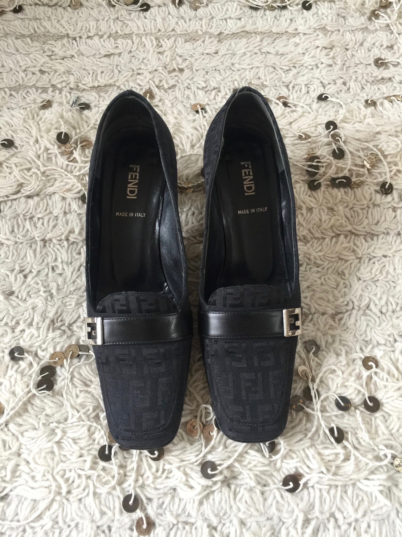 vintage fendi zucca ff monogram black loafers heels driving shoes smoking slippers ballet flats 37 us 6.5 - 7