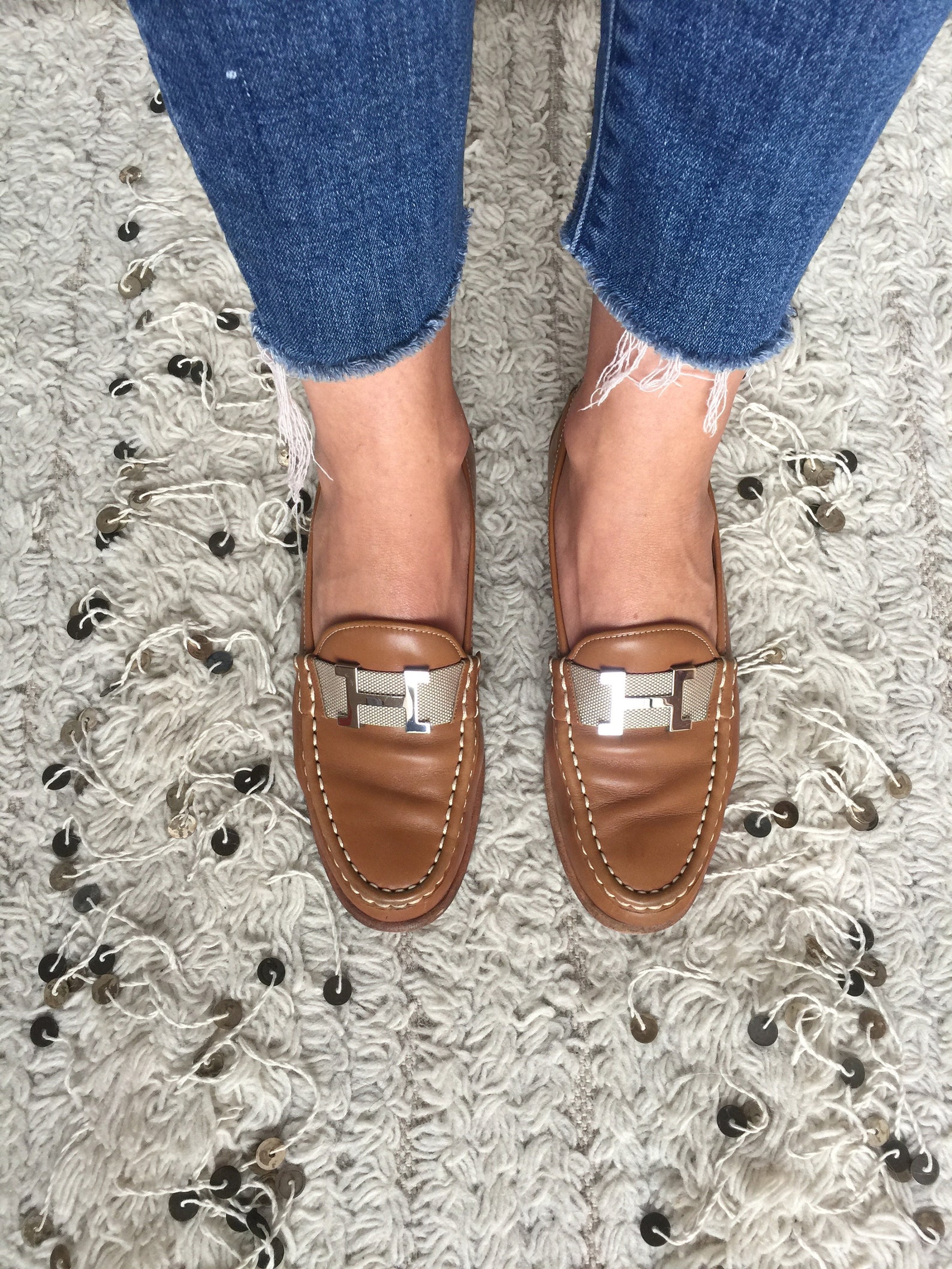 vintage hermes h logo brown leather webbing loafers flats driving shoes smoking slippers ballet flats eu 37 us 6.5 - 7
