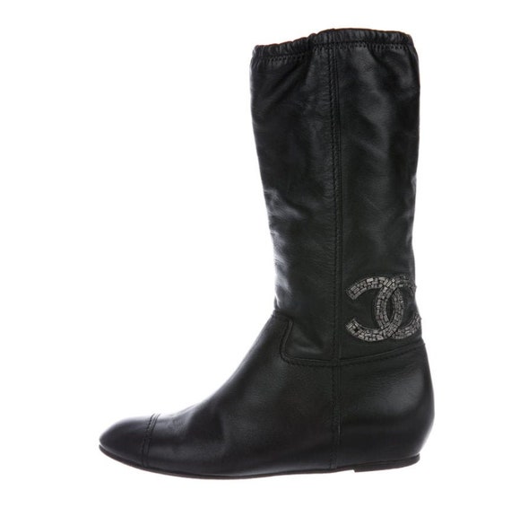 Chanel Beige & Black Leather Lace Up Tall Boots with CC Logo 37.5