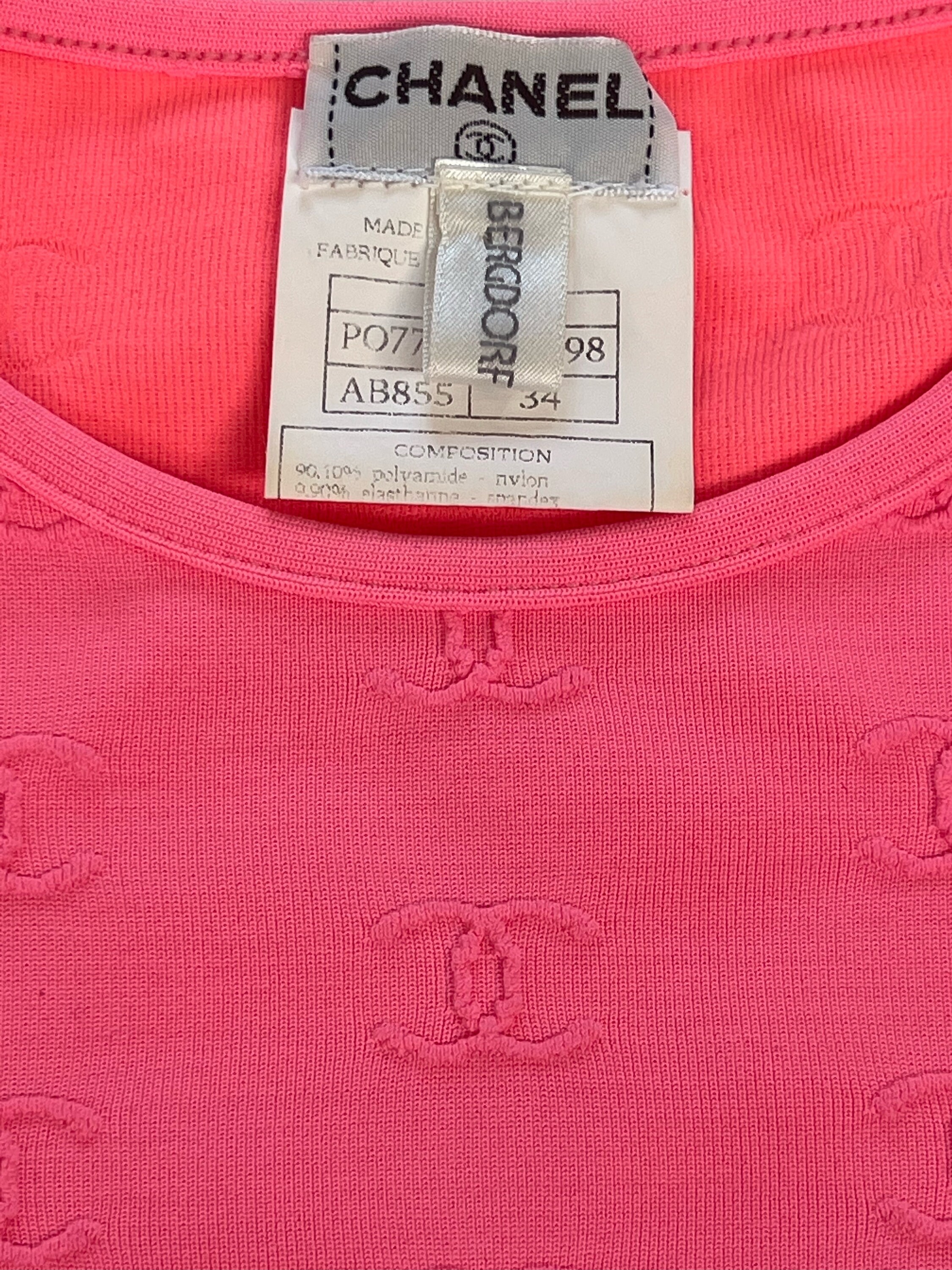 Vintage CHANEL CC Monogram Logo Pink CROP Top Shirt Blouse 