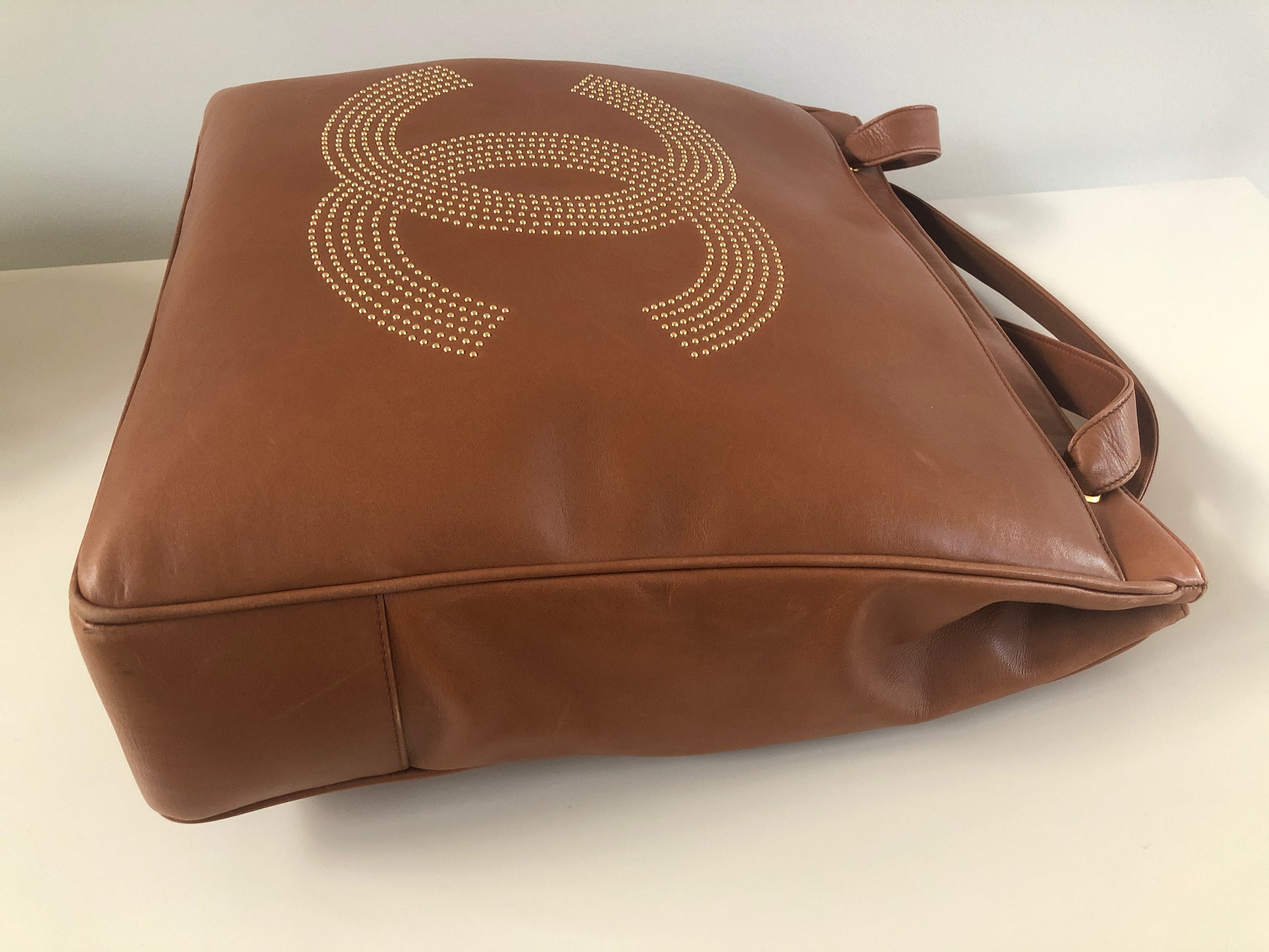 CHANEL Vintage XL Studded CC Monogram Logo Black Lambskin Leather Shoulder  Bag