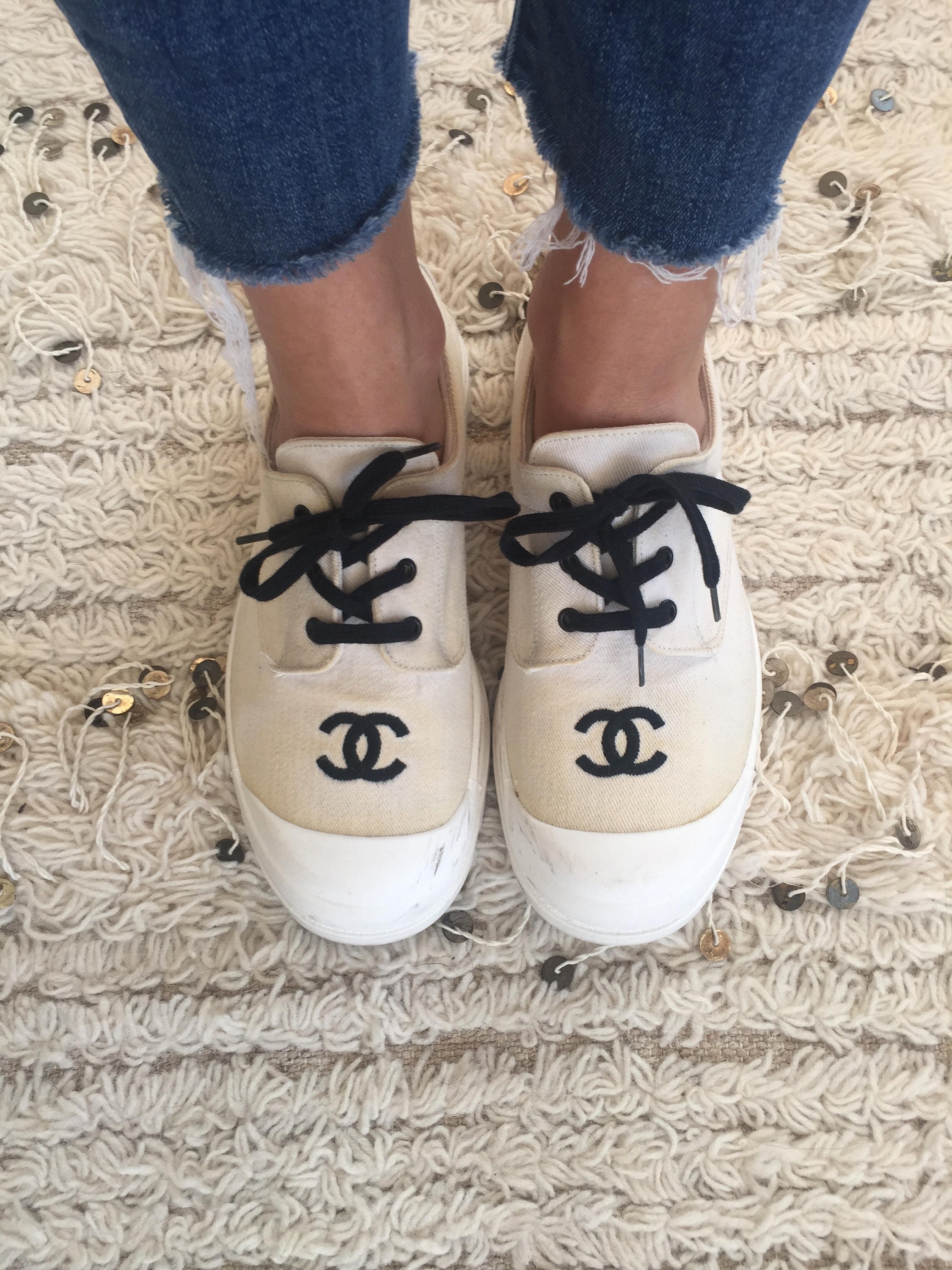 Vintage CHANEL CC Logos White Black Fabric Sneakers Trainers 