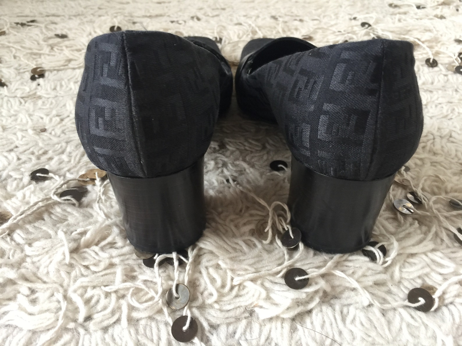 vintage fendi zucca ff monogram black loafers heels driving shoes smoking slippers ballet flats 37 us 6.5 - 7
