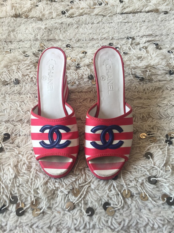 blue and white striped sandals