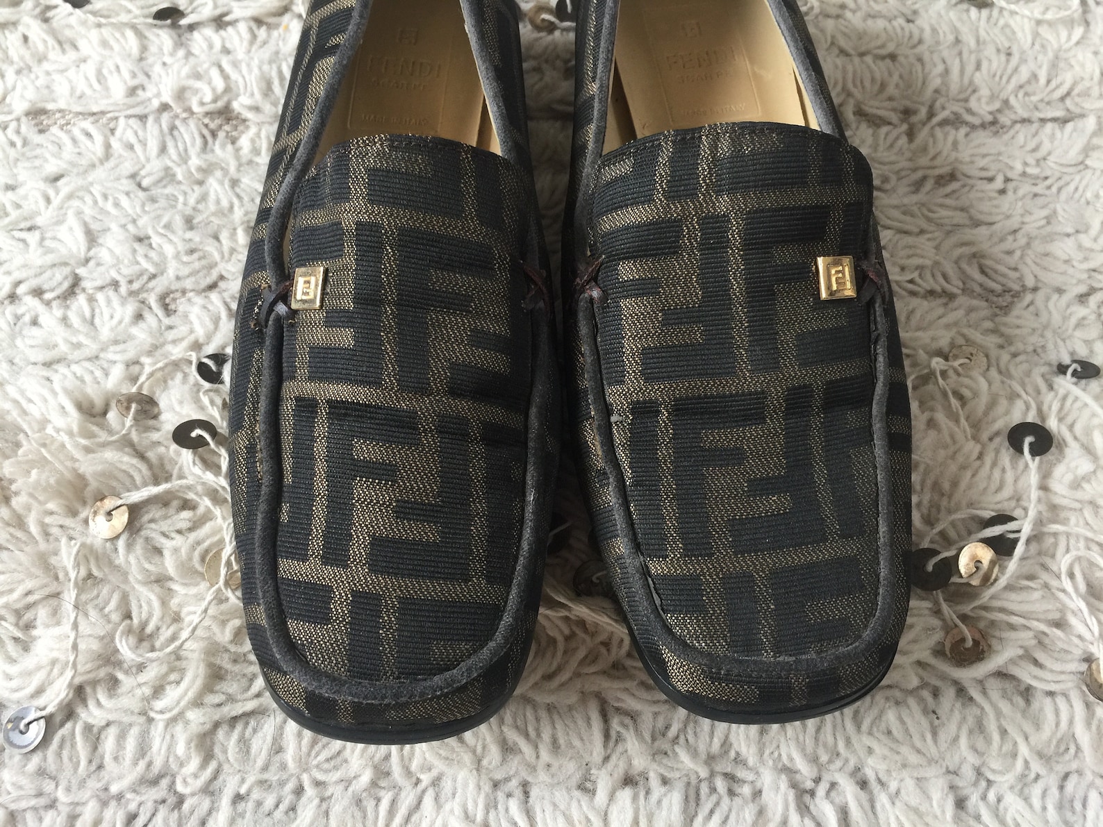 vintage fendi zucca ff monogram scarpe loafers flats driving shoes smoking slippers ballet flats 38 us 7.5 - 8