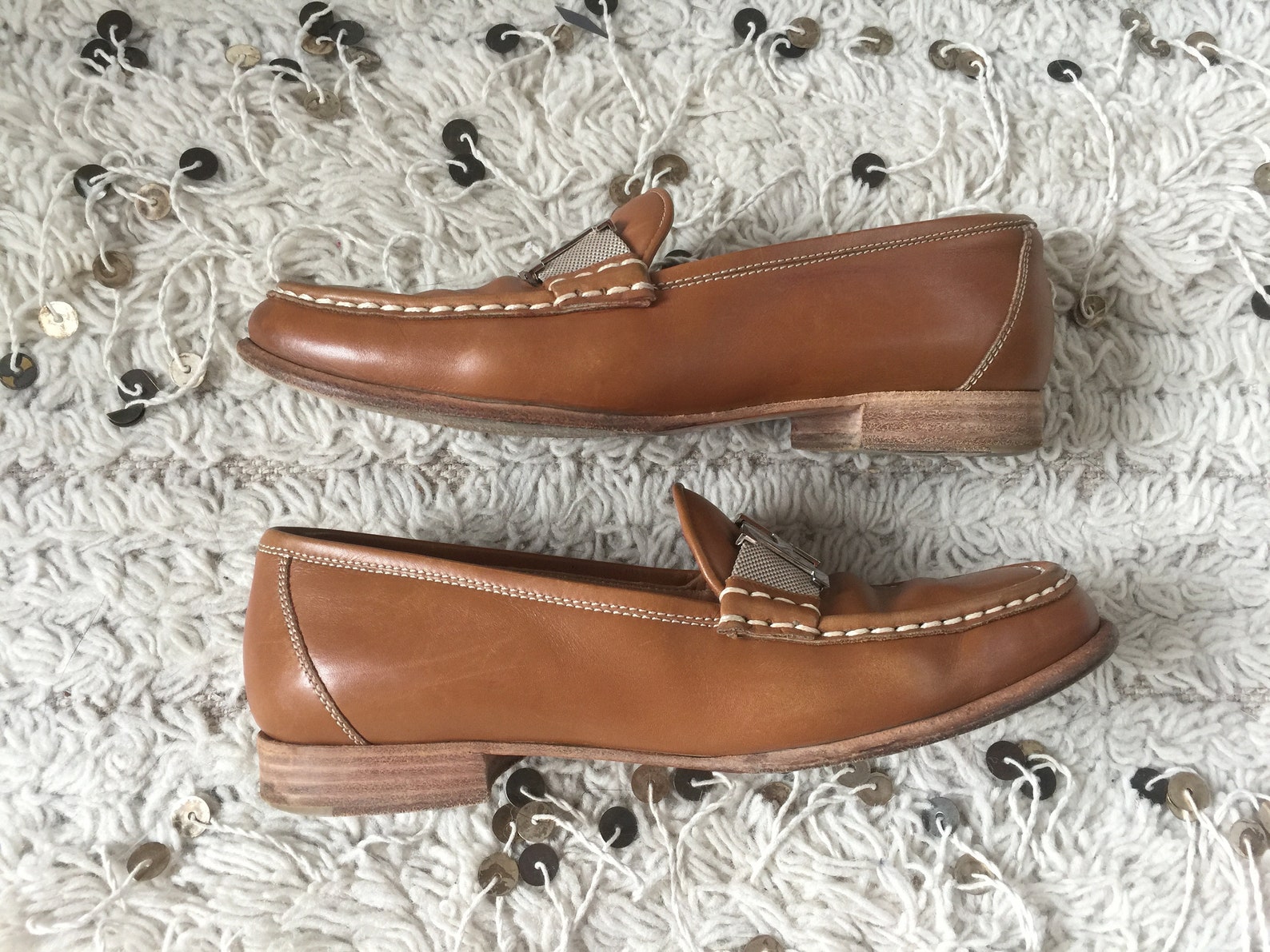 vintage hermes h logo brown leather webbing loafers flats driving shoes smoking slippers ballet flats eu 37 us 6.5 - 7