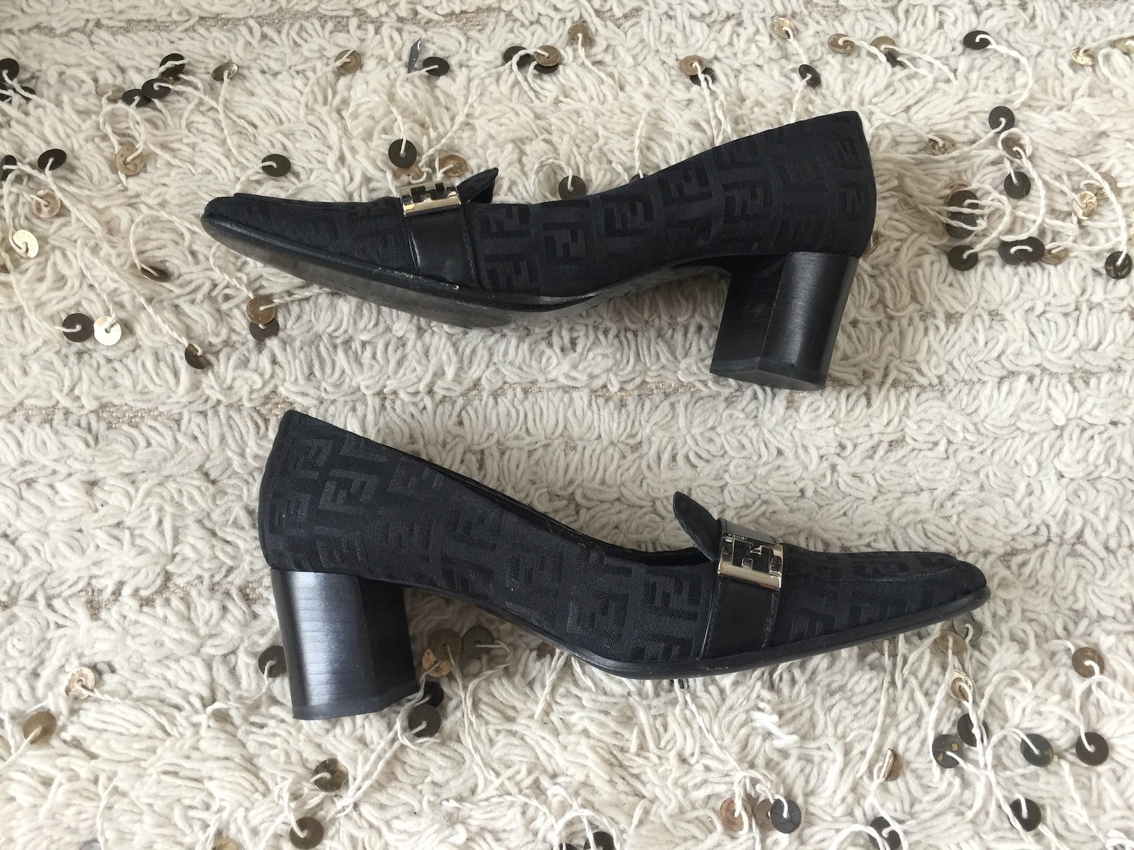 vintage fendi zucca ff monogram black loafers heels driving shoes smoking slippers ballet flats 37 us 6.5 - 7