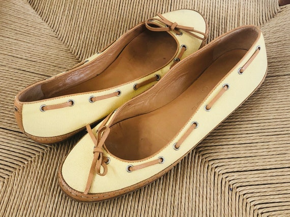 Vintage CHANEL CC Logo Yellow & Tan Canvas Leather Boat Shoes 