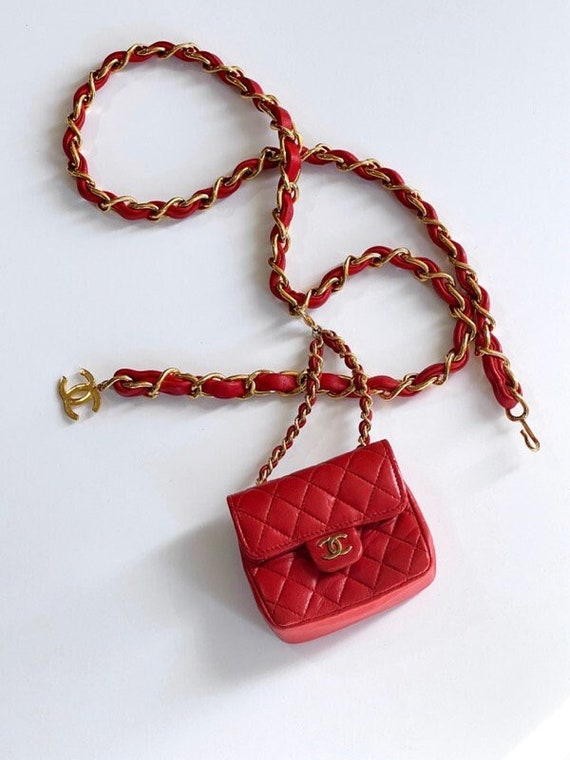 CHANEL VINTAGE RED QUILTED MICRO MINI FLAP BAG CHAIN BELT WITH CC CHARM