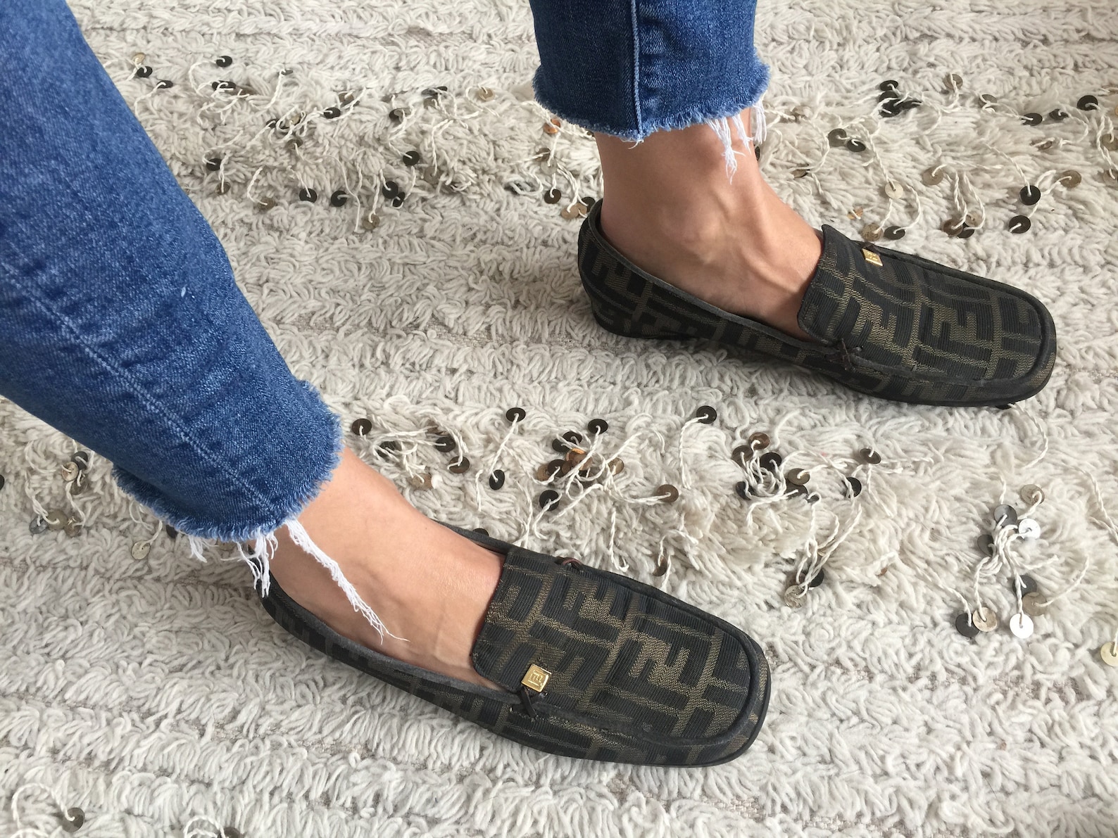 vintage fendi zucca ff monogram scarpe loafers flats driving shoes smoking slippers ballet flats 38 us 7.5 - 8