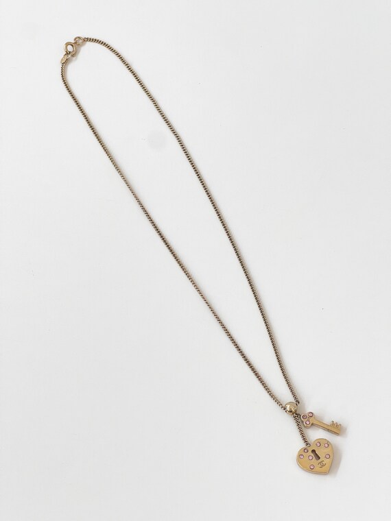 Vintage CHANEL Gold CC Logo Heart Key Charm Pendant Necklace Jewelry  *Authentic