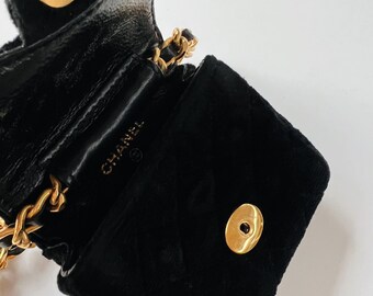 Vintage 90's CHANEL CC Logo MICRO Mini Black Velvet Gold 