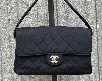 Vintage CHANEL CC Turnlock Logo Classic DOUBLE Sided Flap Black Jersey Matelasse Quilted Classic Shoulder Purse Bag - Rare!