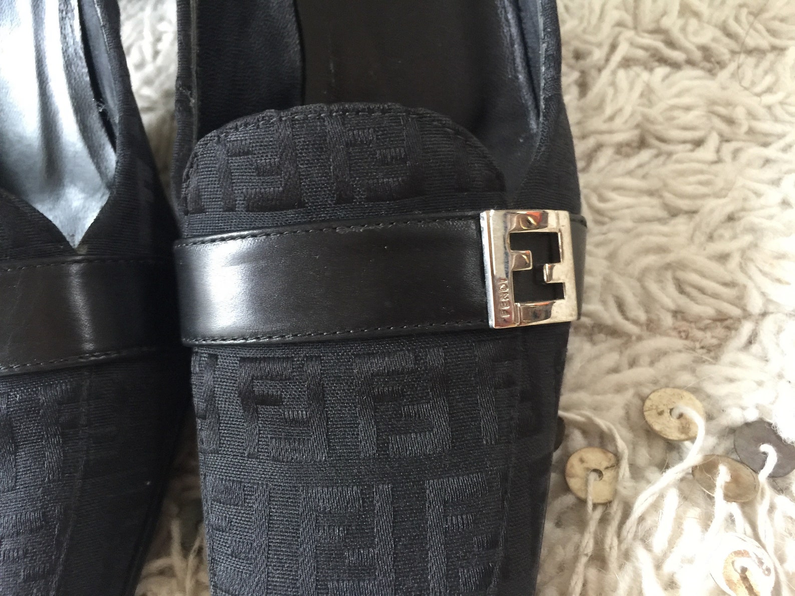 vintage fendi zucca ff monogram black loafers heels driving shoes smoking slippers ballet flats 37 us 6.5 - 7