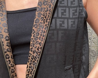 Vintage FENDI FF Zucca Print Monogram REVERSIBLE Cheetah Print Womens Brown Black Vest Jacket