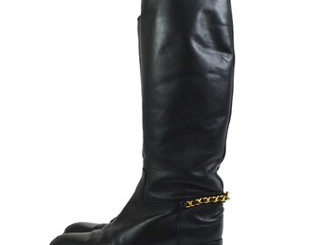 Authentic Chanel Vintage 1990s Black Leather CC Combat Boots sz 36