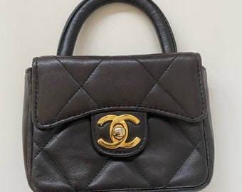 Vintage CHANEL CC Logo Turnlock MICRO Mini Brown Quilted Metalasse Leather Kelly Top Handle Clutch Bag Purse Satchel