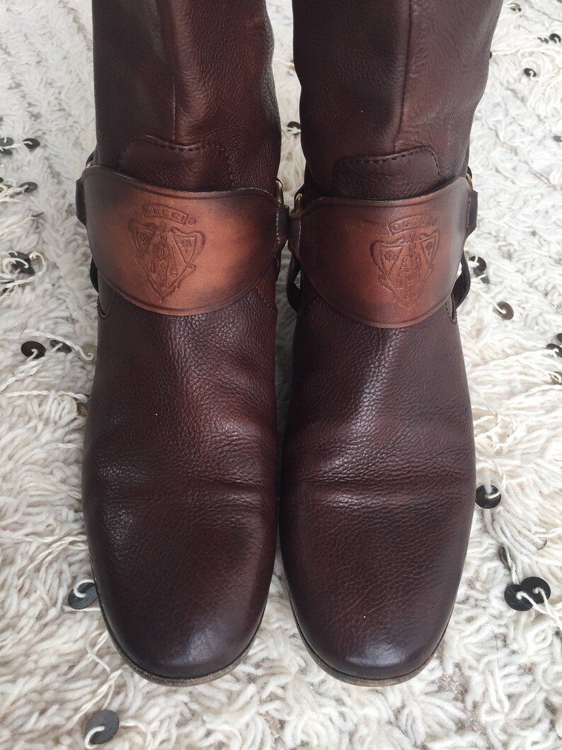 Vintage GUCCI GG Crest HARNESS Moto Riding Knee High Boots Etsy