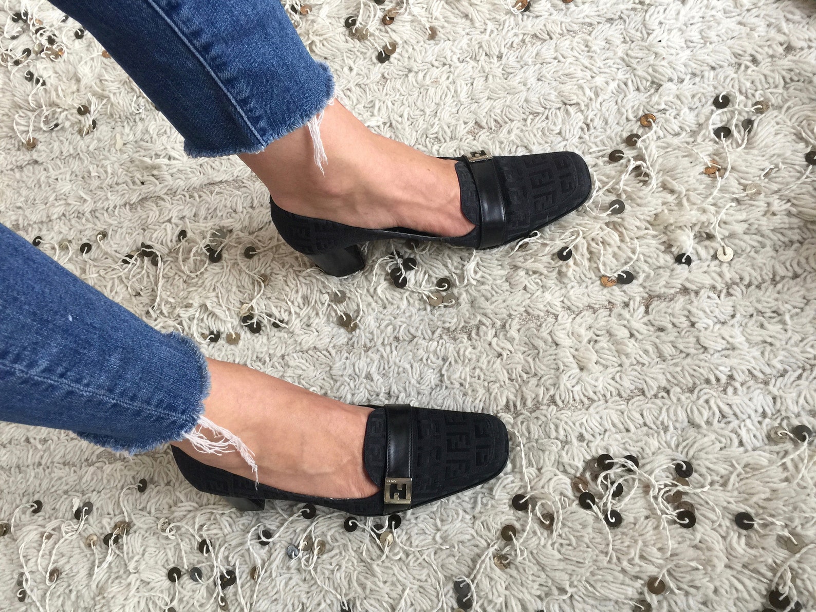 vintage fendi zucca ff monogram black loafers heels driving shoes smoking slippers ballet flats 37 us 6.5 - 7