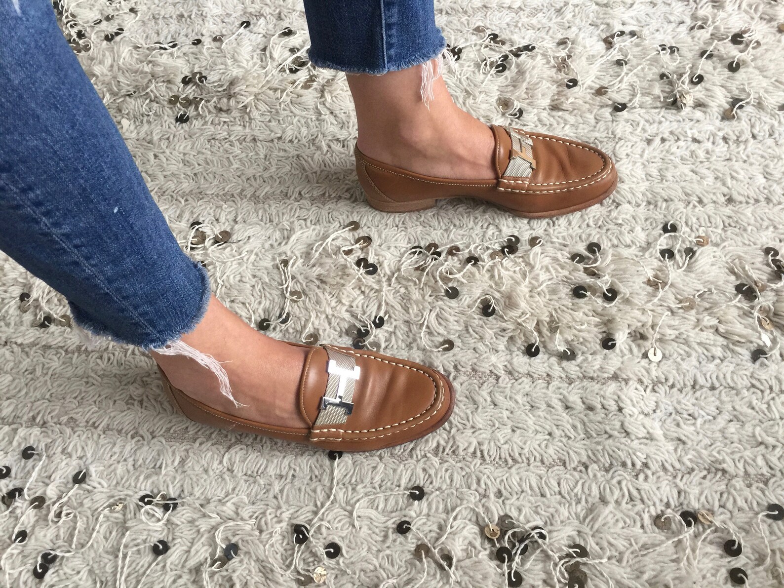 vintage hermes h logo brown leather webbing loafers flats driving shoes smoking slippers ballet flats eu 37 us 6.5 - 7