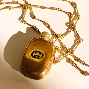 Vintage 90's GUCCI GG Monogram Gold Black Perfume Parfum Bottle Gold Charm Pendant Necklace Jewelry image 1