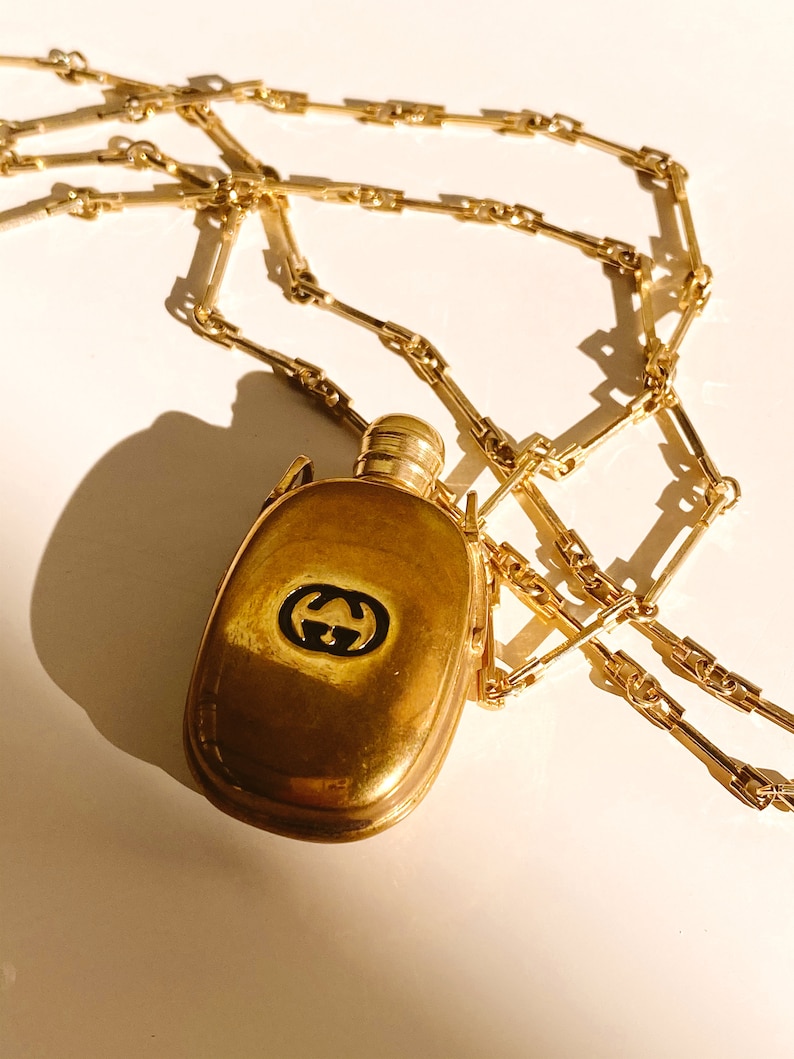 Vintage 90's GUCCI GG Monogram Gold Black Perfume Parfum Bottle Gold Charm Pendant Necklace Jewelry image 1