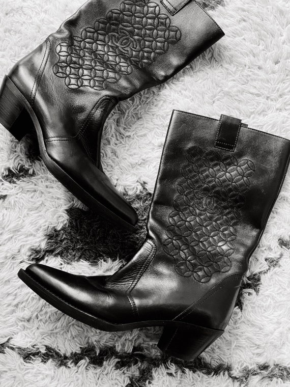 Vintage CHANEL CC Logo Embroidered Western Boots B
