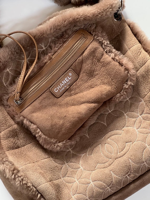 Vintage CHANEL CC Embroidered Brown Beige SHEARLING Fur Lambs 