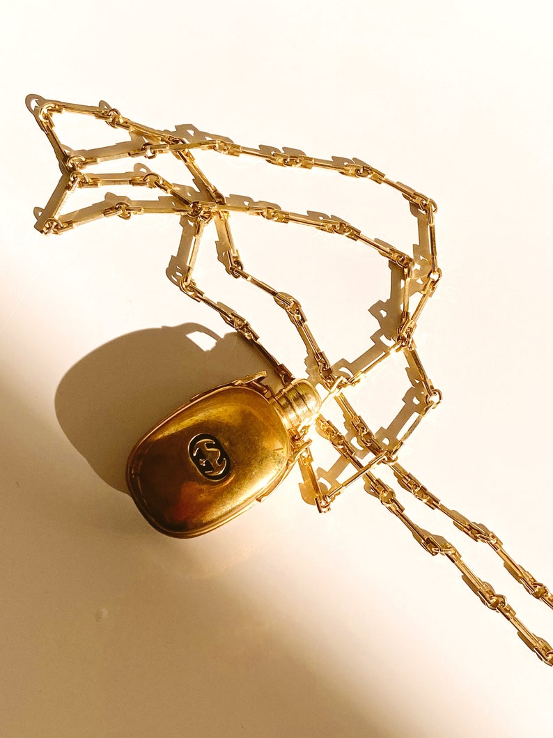 Vintage 90's GUCCI GG Monogram Gold Black Perfume Parfum Bottle Gold Charm Pendant Necklace Jewelry image 2