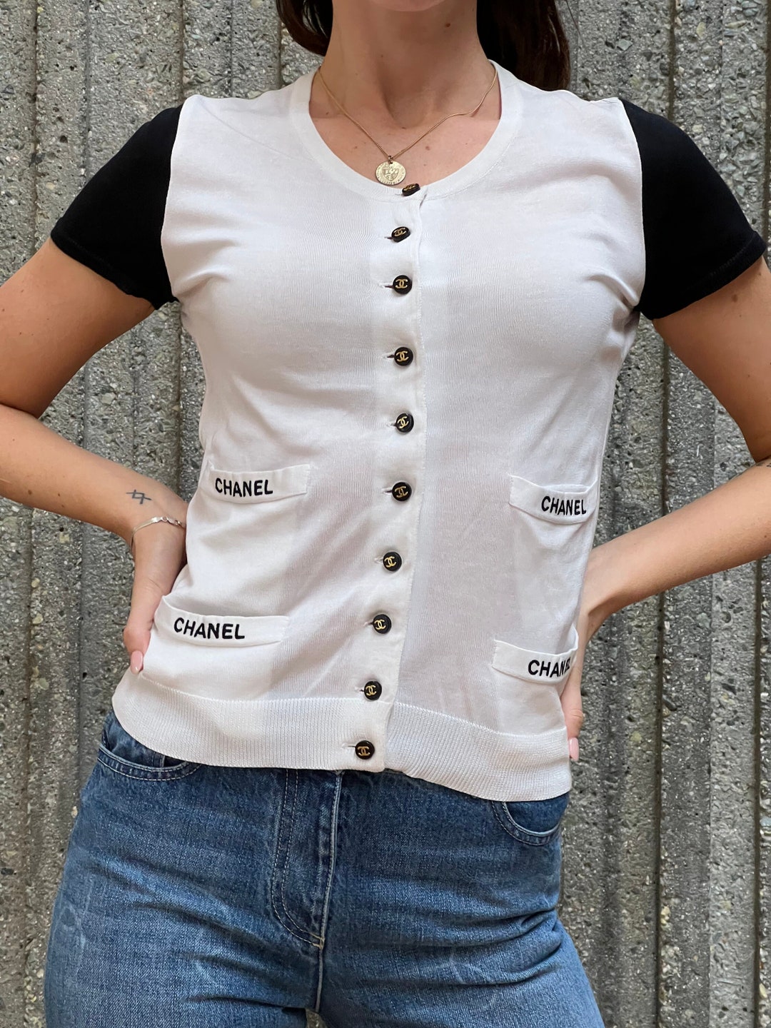 Vintage CHANEL 1996 LETTER CC Logo Monogram Button White Black