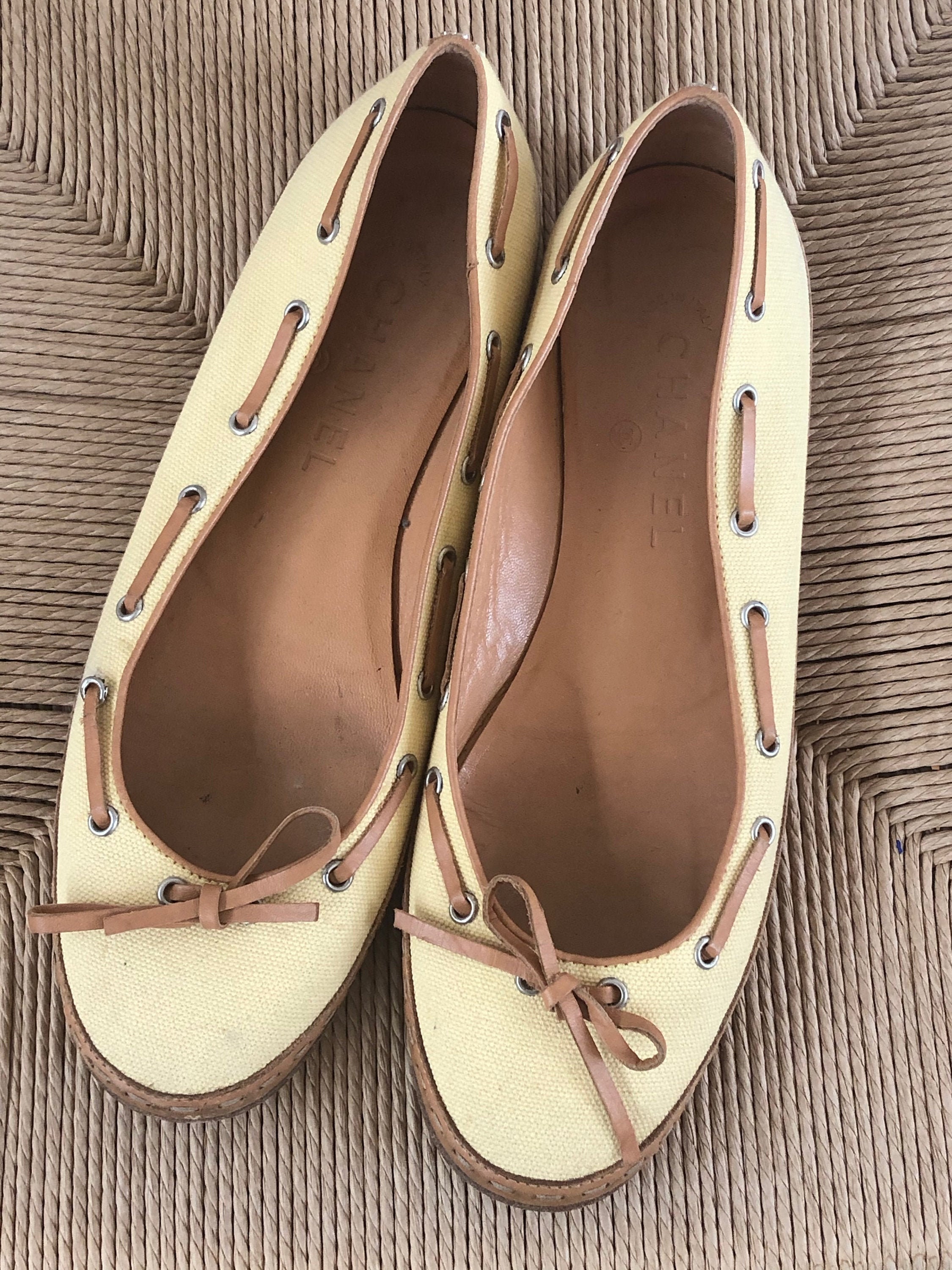 Vintage CHANEL CC Logo Yellow & Tan Canvas Leather Boat Shoes