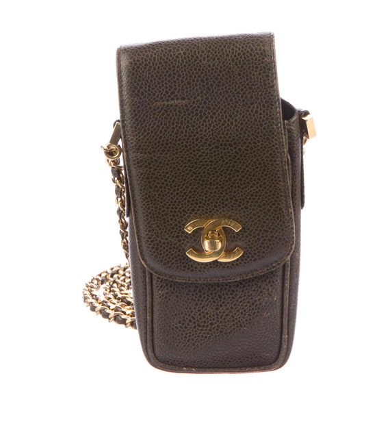 Vintage 90 s CHANEL CC Turnlock Logo Brown CAVIAR Leather Gold