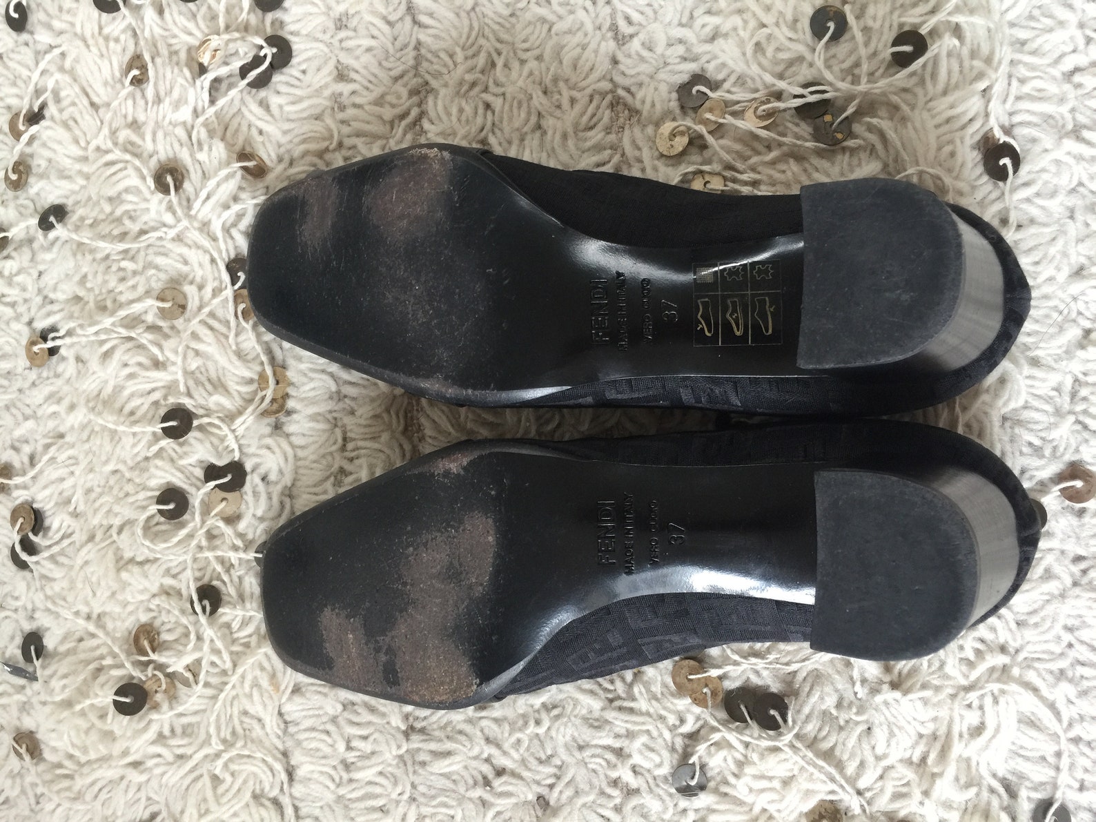 vintage fendi zucca ff monogram black loafers heels driving shoes smoking slippers ballet flats 37 us 6.5 - 7