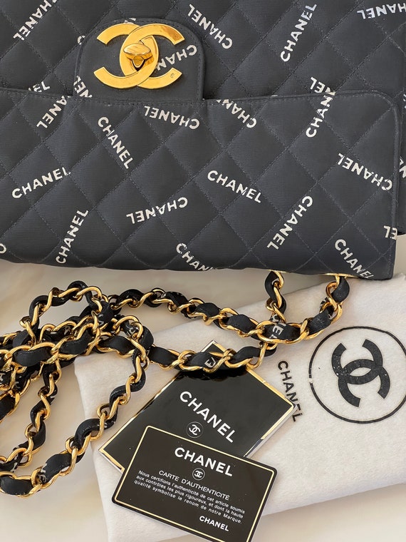 CHANEL CC BLACK LOGO LETTER PRINT VINTAGE JUMBO MAXI FLAP CHAIN SHOULDER BAG