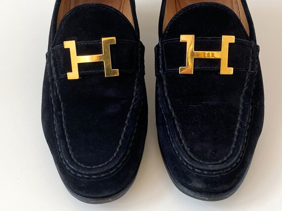 Vintage HERMES H Logo Gold / Black Suede Leather Loafers Heels - Etsy