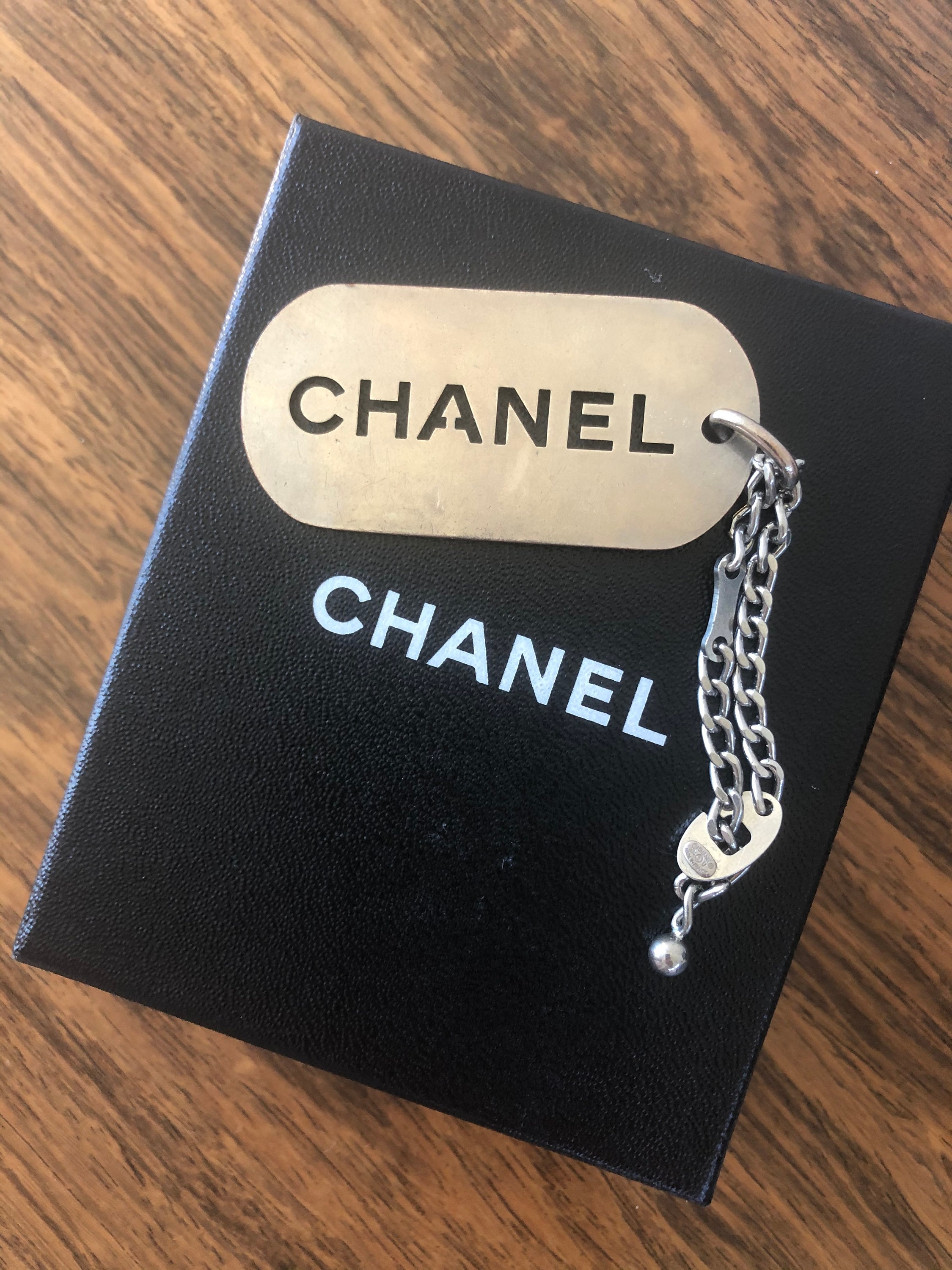 Vintage 90's CHANEL CC Logo Huge ID Dog Tag Silver Charm Pendant