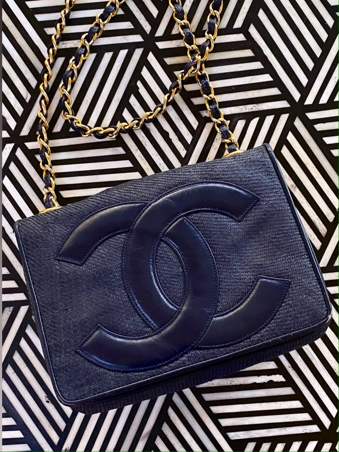 Authentic Chanel Tote Bag Leather Raffia Straw leather Chain Navy Gold  Fittings