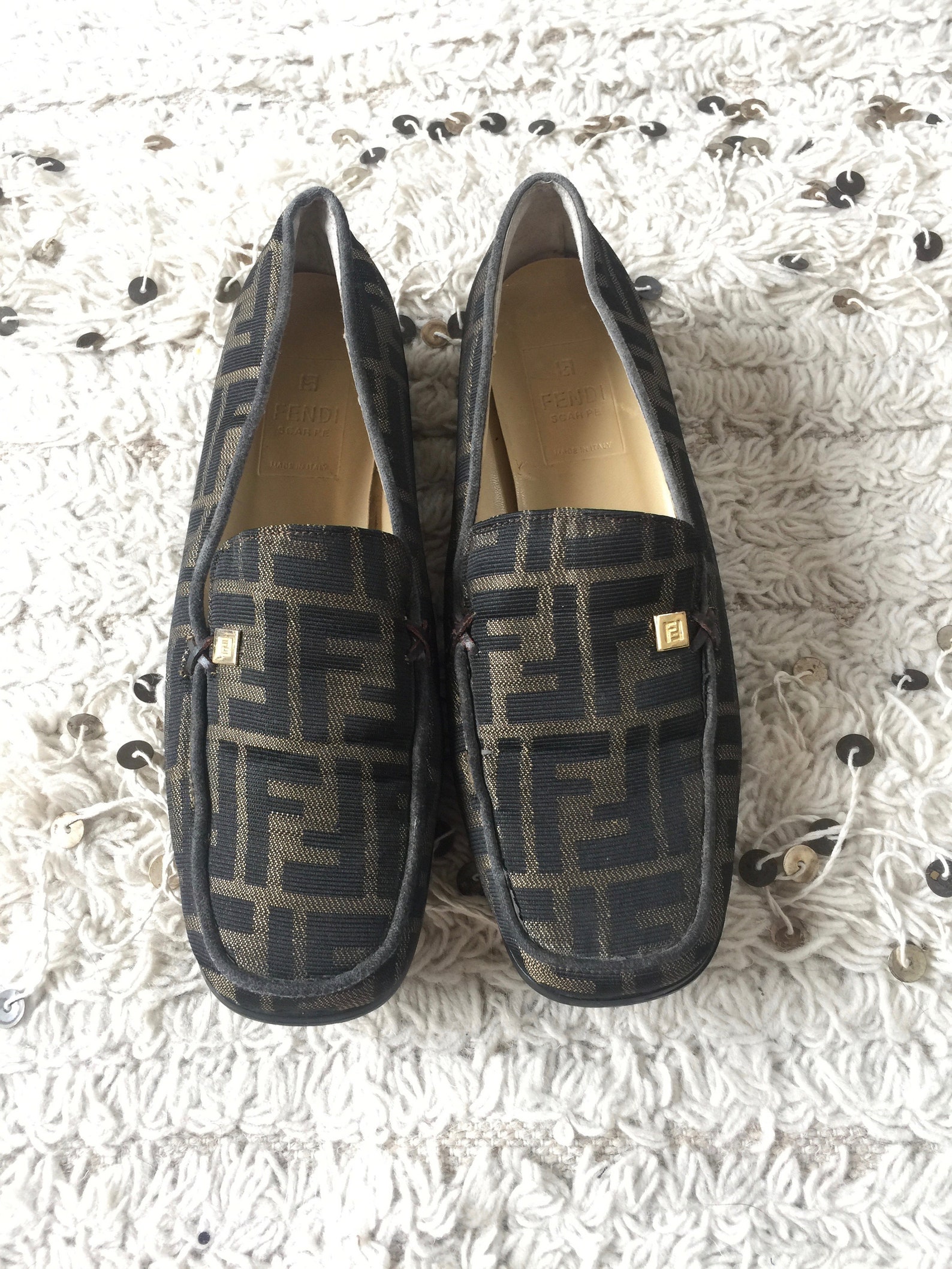 vintage fendi zucca ff monogram scarpe loafers flats driving shoes smoking slippers ballet flats 38 us 7.5 - 8