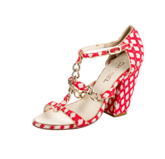 Chanel Chain-embellished Toe Ring Sandals Red Leather Size 37 Ankle Strap Flats