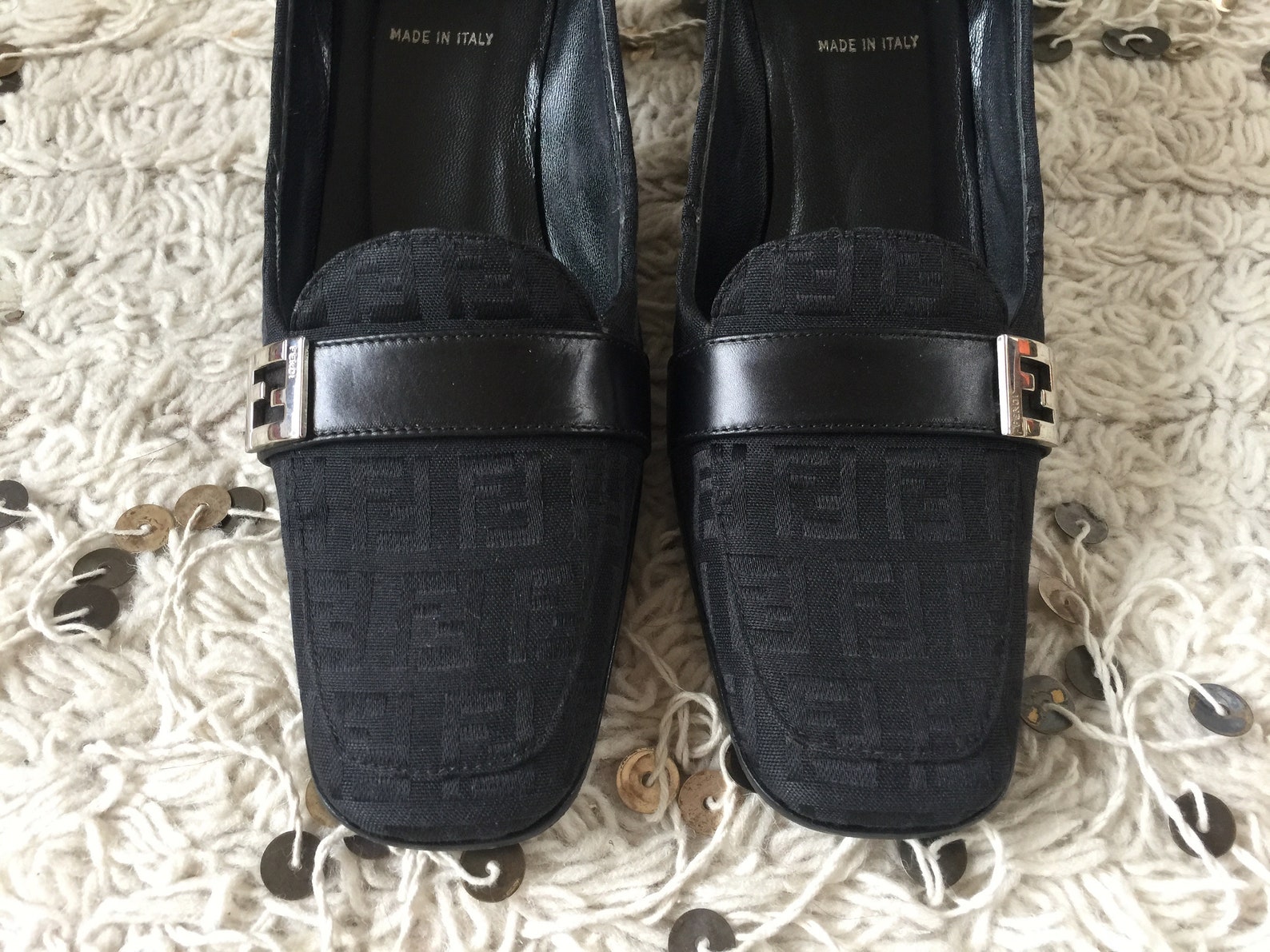 vintage fendi zucca ff monogram black loafers heels driving shoes smoking slippers ballet flats 37 us 6.5 - 7