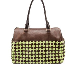 Vintage MOSCHINO Brown and Green Bowler Bag with Weave Design