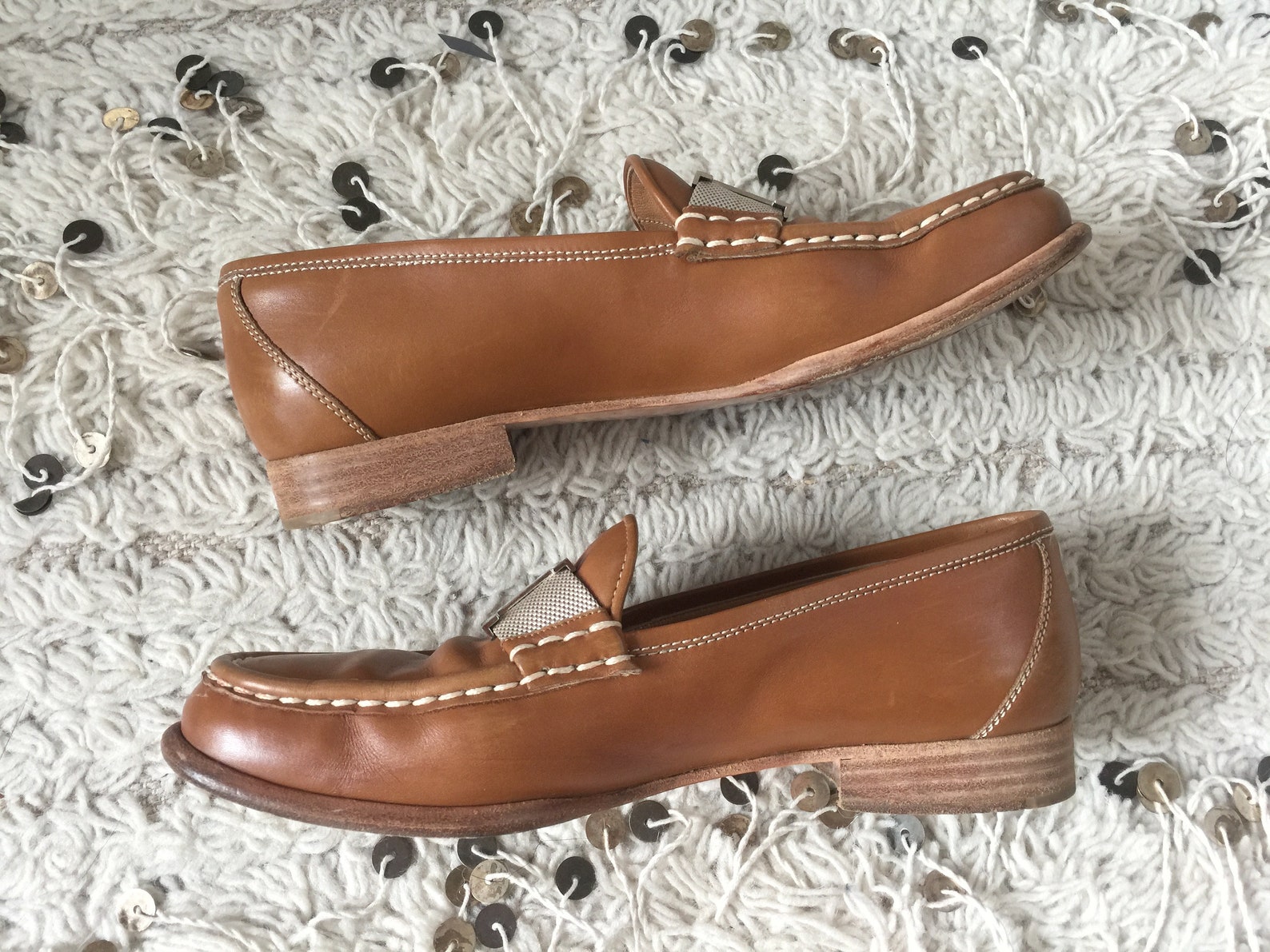 vintage hermes h logo brown leather webbing loafers flats driving shoes smoking slippers ballet flats eu 37 us 6.5 - 7