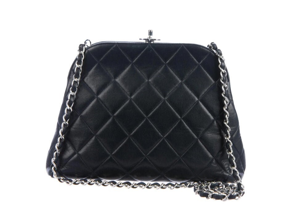 Vintage CHANEL CC Logo Silver Frame Blue Black Quilted Leather