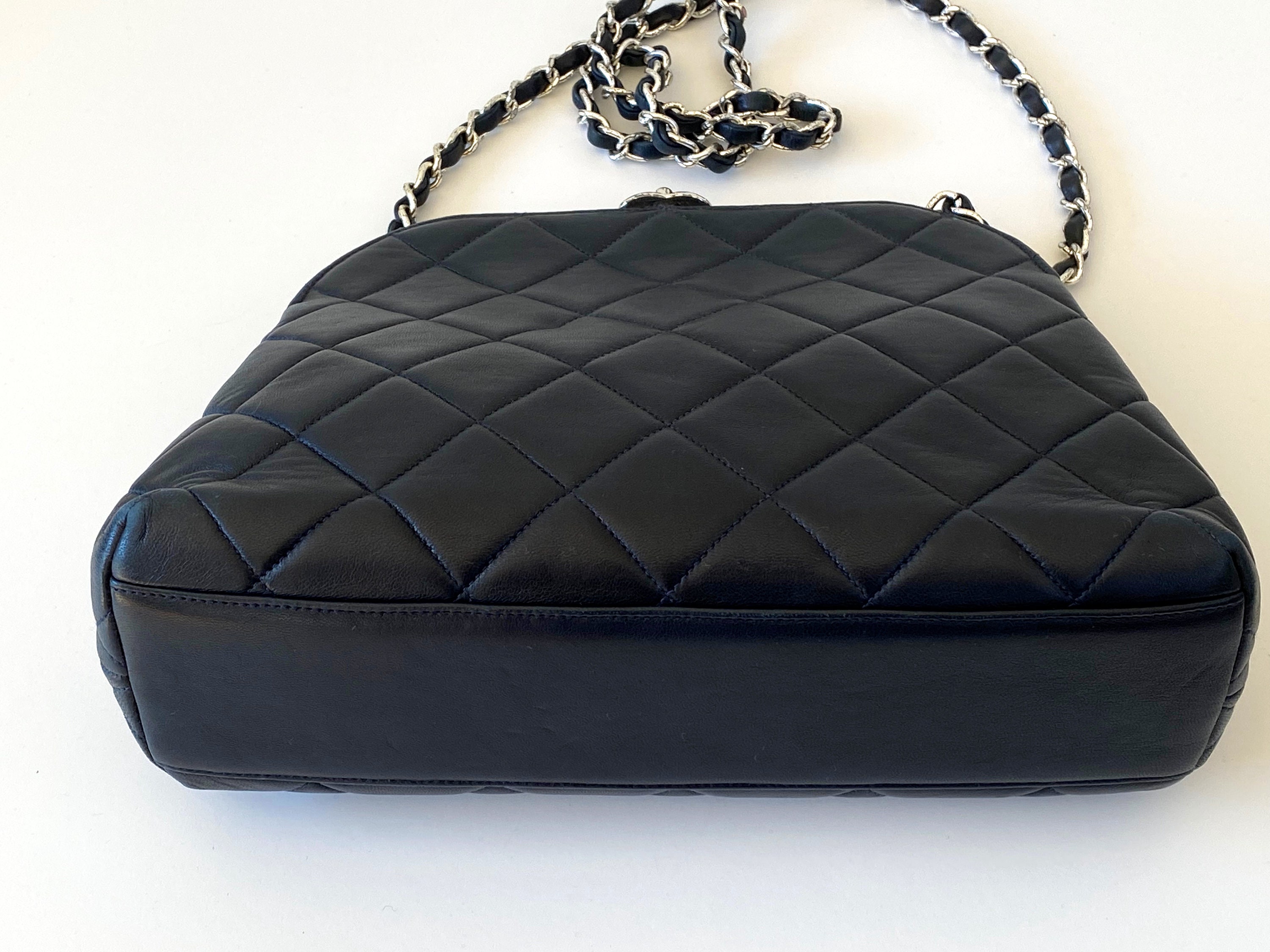 Vintage CHANEL CC Logo Silver Frame Blue Black Quilted Leather