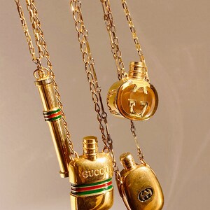 Vintage 90's GUCCI GG Monogram Gold Black Perfume Parfum Bottle Gold Charm Pendant Necklace Jewelry image 7