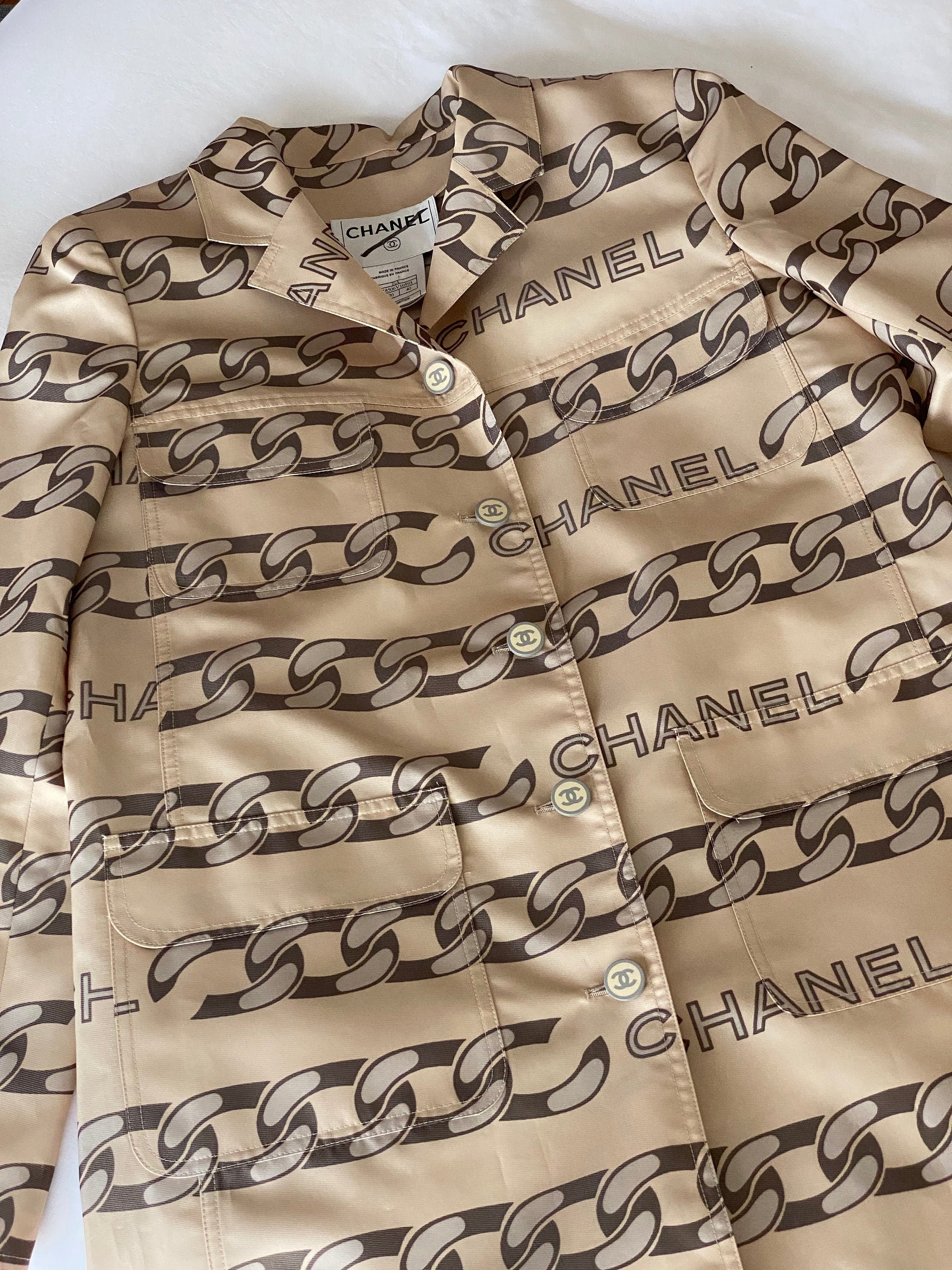 VINTAGE CHANEL CC CHAIN PRINT SILK TRENCH JACKET COAT FR 40 / US 8